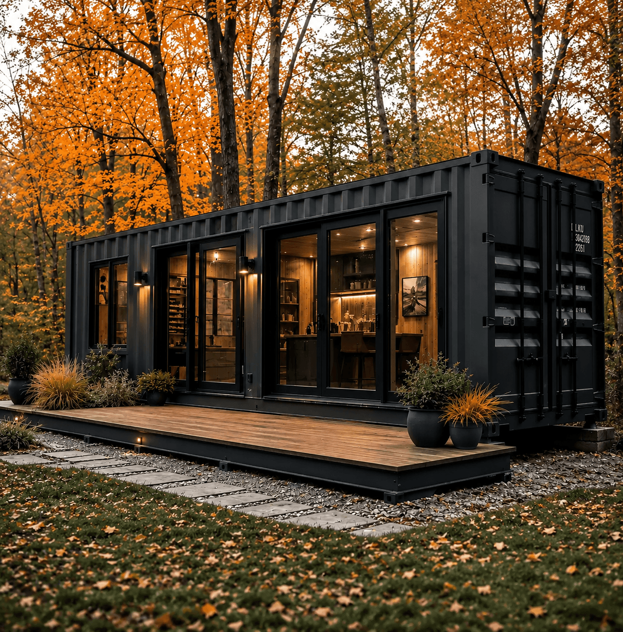 Modern black coffee container house with large glass doors and wooden deck in a forest setting