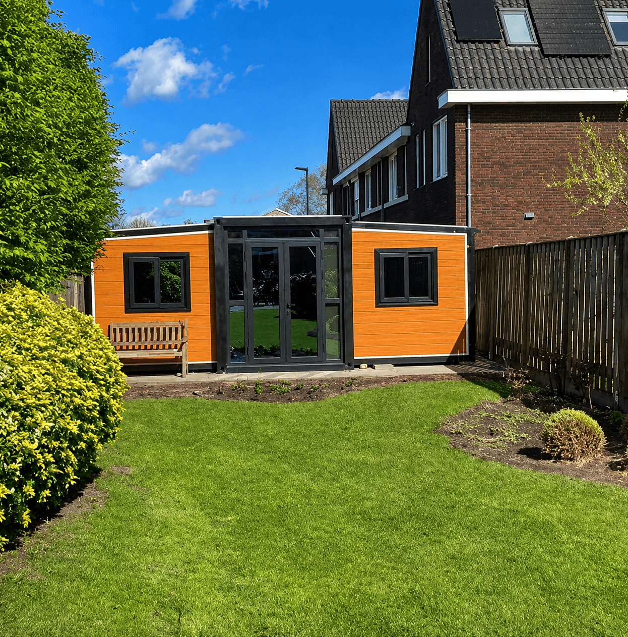 Modular container house project installed in a residential garden in the Netherlands