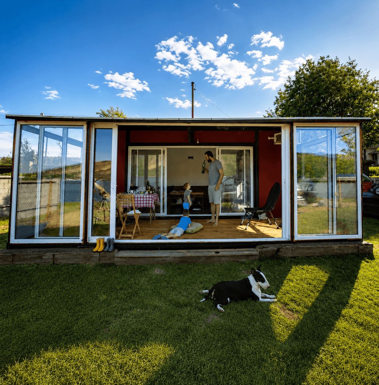Prefab container home with large glass doors in a residential garden and family living space