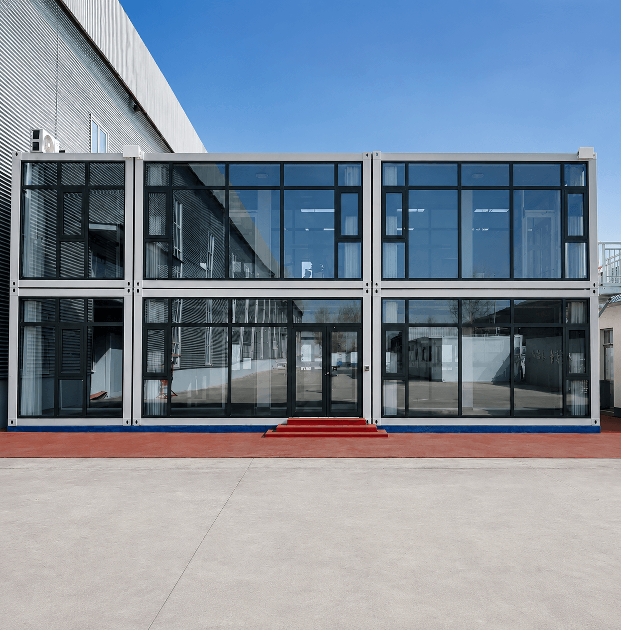 Two-story commercial office container house project with large glass windows in the USA